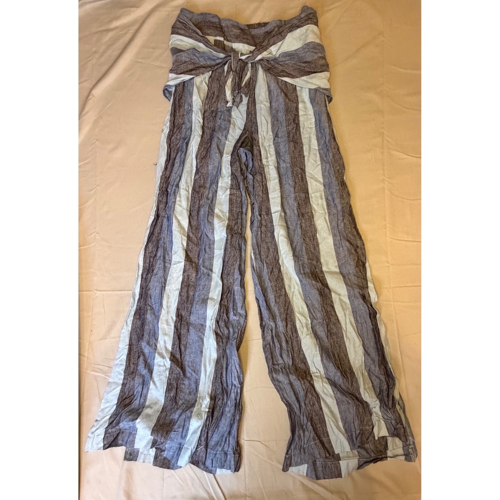 Jolie & Joy Blue White Striped Wide Leg Linen Blend Tie Waist Pants Large